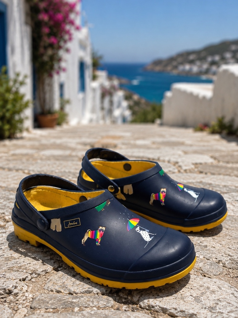 😻🌈Joules Navy Clogs with Yellow Soles and Dog & Umbrella Print - Picture 1 of 11